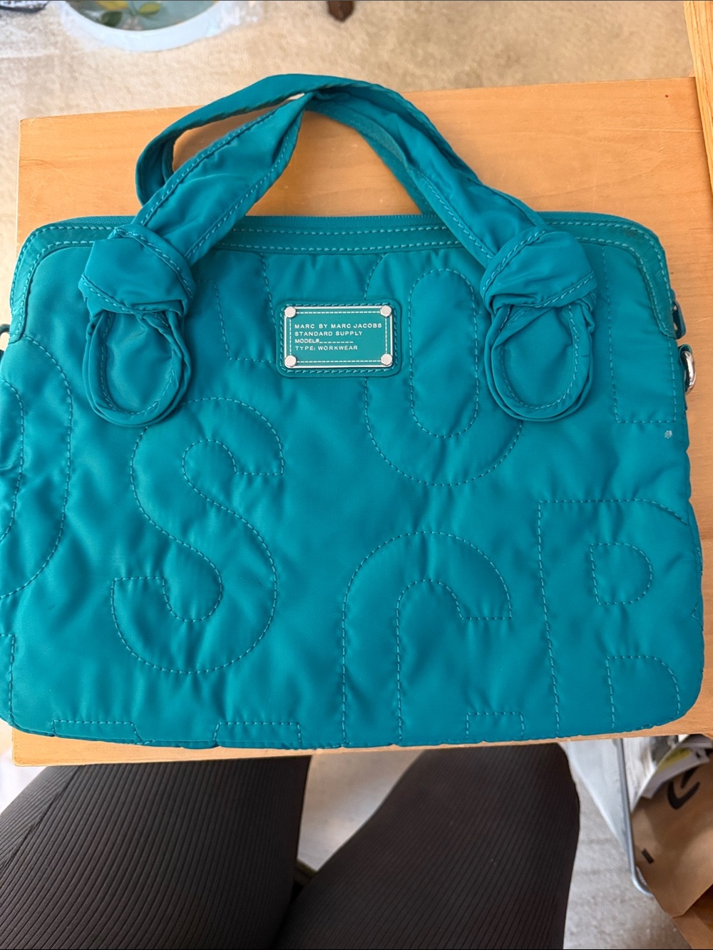Marc by Marc Jacobs Teal Quilted Nylon Laptop Bag with Knot Handles